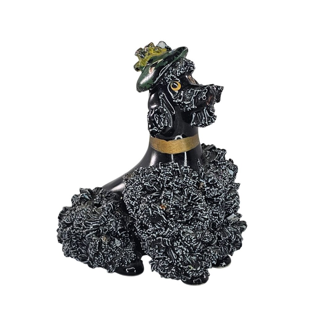 Vintage Black French Spaghetti Poodle Figurine With Green Beret Hat Gold Collar